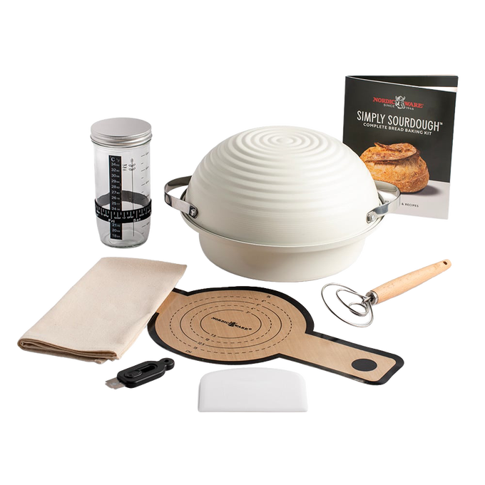 Complete sourdough bread making set with ceramic proofing bowl, dough scraper, wooden-handled whisk, measuring container, linen cloth, and recipe booklet, ideal for Kitchen & Food and Baking Supplies collections.