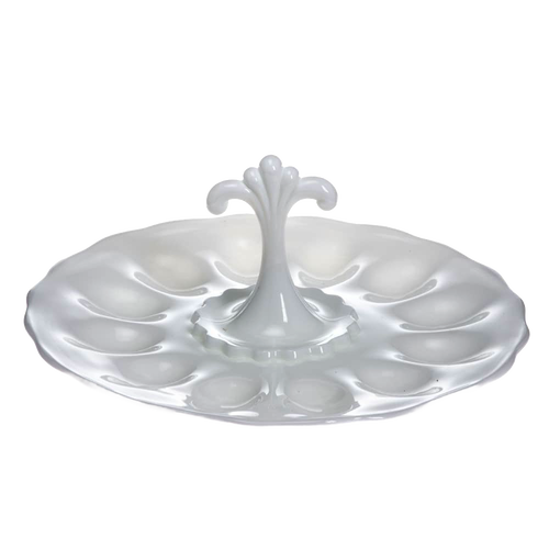 Handcrafted milk glass egg plate with central decorative handle, holds 12 eggs, designed for Kitchen & Food, Storage and Serving, USA Made, Best Sellers, and Promo Eligible collections.