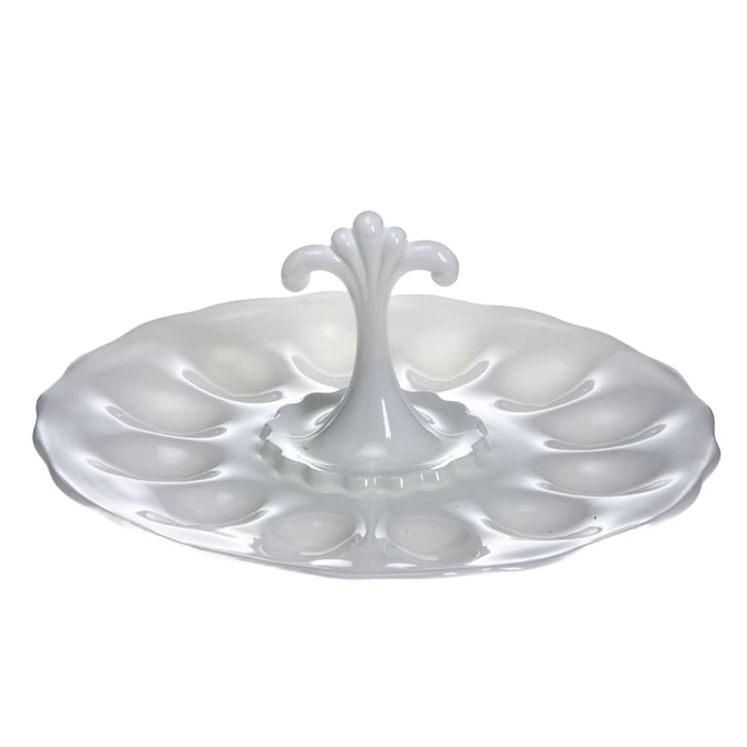 Handcrafted milk glass egg plate with central decorative handle, holds 12 eggs, designed for Kitchen & Food, Storage and Serving, USA Made, Best Sellers, and Promo Eligible collections.