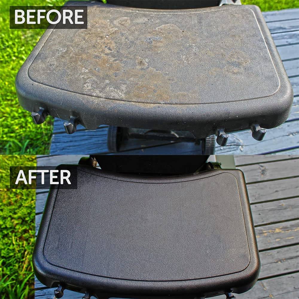 Side-by-side comparison of a black BBQ grill side shelf, showing a heavily stained and greasy surface before cleaning and a restored, clean, and matte finish after using a natural plant-based cleaning product.