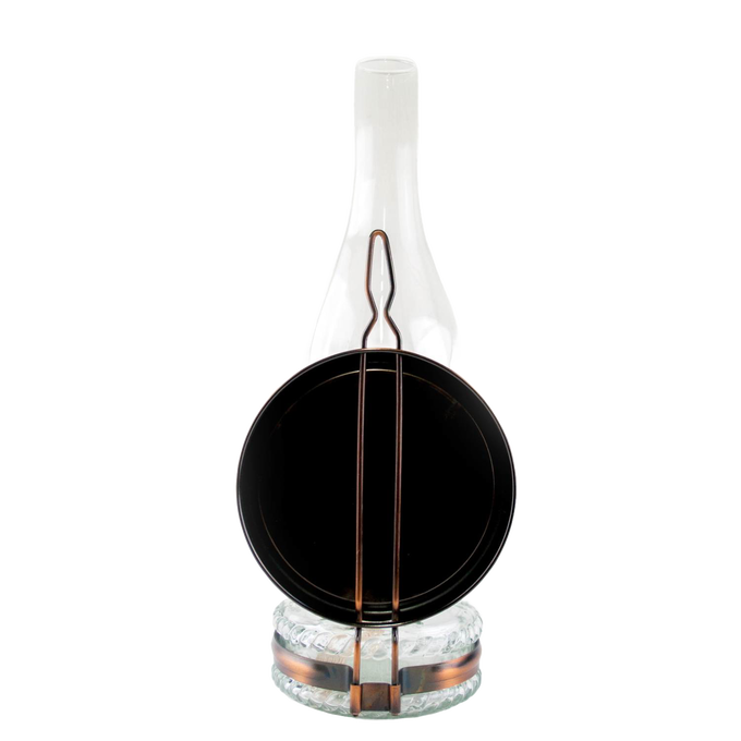 Handcrafted reflector oil lamp with clear glass base, removable copper-toned mirror reflector, and tall glass chimney, ideal for Lamps & Lighting, Oil Lamps, Wall Lamps, Best Sellers, Promo Eligible, and Sale collections.
