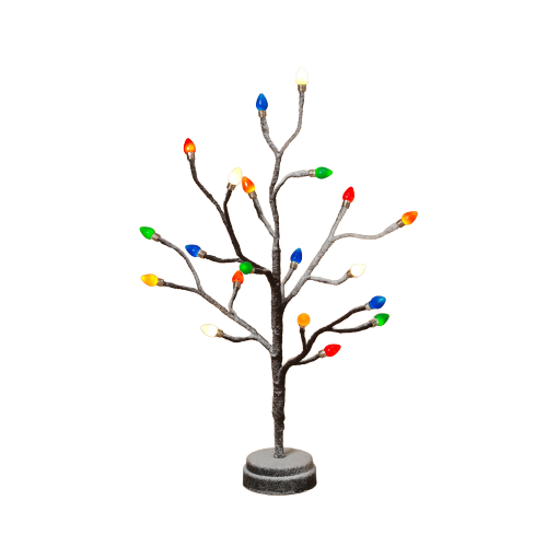 Decorative lighted holiday tree with snow-dusted branches and vibrant colored bulb caps, standing on a round base, perfect for Home & Decor, Holiday Decor, Best Sellers, and Promo Eligible collections.