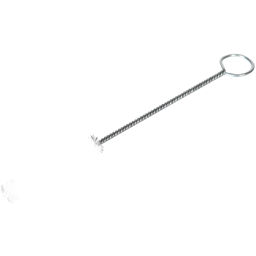 Long metal cleaning brush with a twisted handle and coiled wire bristles, designed for thorough scrubbing in farm, orchard, and maple syrup sugaring supplies, Amish made.