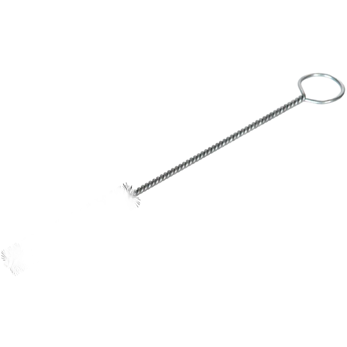 Long metal cleaning brush with a twisted handle and coiled wire bristles, designed for thorough scrubbing in farm, orchard, and maple syrup sugaring supplies, Amish made.