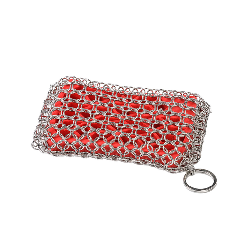 Handcrafted chainmail scrubbing pad with durable stainless steel rings over a red scrubber, designed for safe and effective cleaning of cookware in Kitchen & Food and Household Cleaning collections.