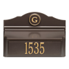 Wall mounted bronze and gold mailbox featuring a custom house number and monogram, handcrafted in the USA, ideal for Home & Decor and Mailboxes and Address Signs collections.
