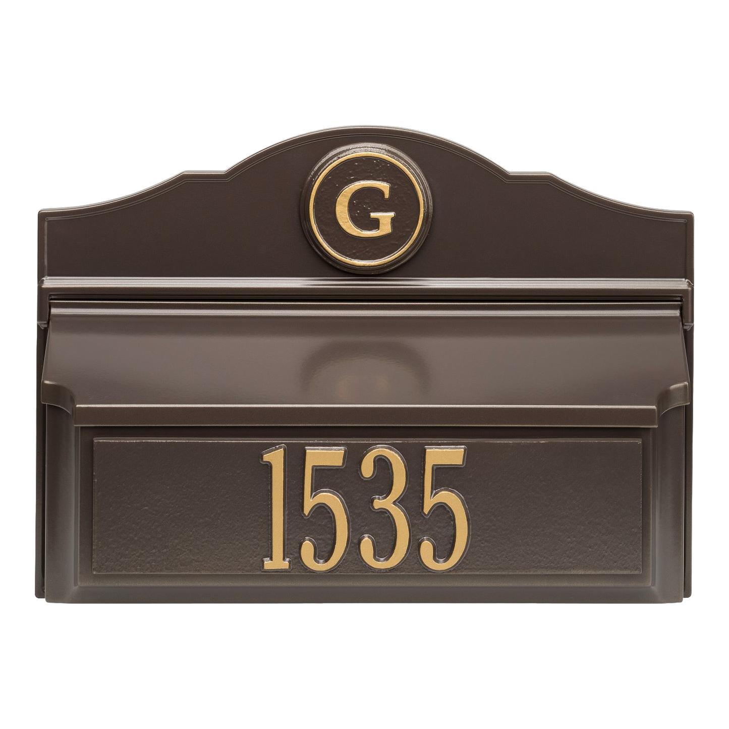 Wall mounted bronze and gold mailbox featuring a custom house number and monogram, handcrafted in the USA, ideal for Home & Decor and Mailboxes and Address Signs collections.