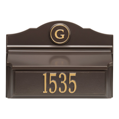Wall mounted bronze and gold mailbox featuring a custom house number and monogram, handcrafted in the USA, ideal for Home & Decor and Mailboxes and Address Signs collections.