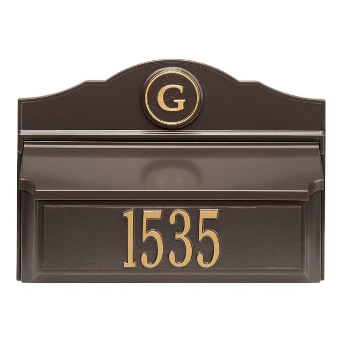 Wall mounted bronze and gold mailbox featuring a custom house number and monogram, handcrafted in the USA, ideal for Home & Decor and Mailboxes and Address Signs collections.