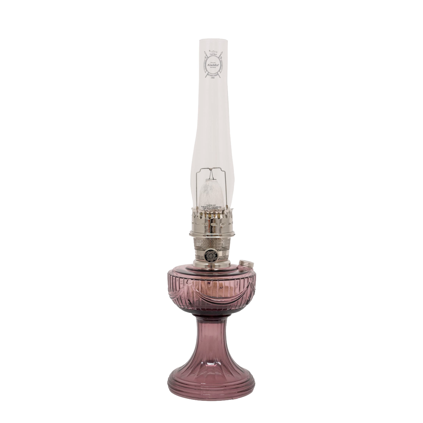 Handcrafted oil lamp with a clear ribbed chimney and rich amethyst glass base, featuring a polished brass burner, ideal for Farm, Garden & Tool, Emergency Supplies, Oil Lamps, and Table Lamps collections.