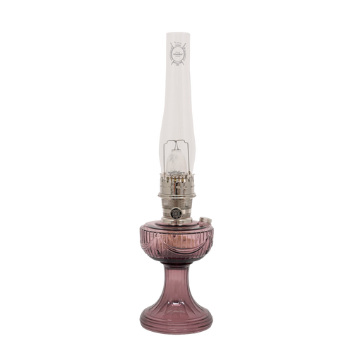 Handcrafted oil lamp with a clear ribbed chimney and rich amethyst glass base, featuring a polished brass burner, ideal for Farm, Garden & Tool, Emergency Supplies, Oil Lamps, and Table Lamps collections.