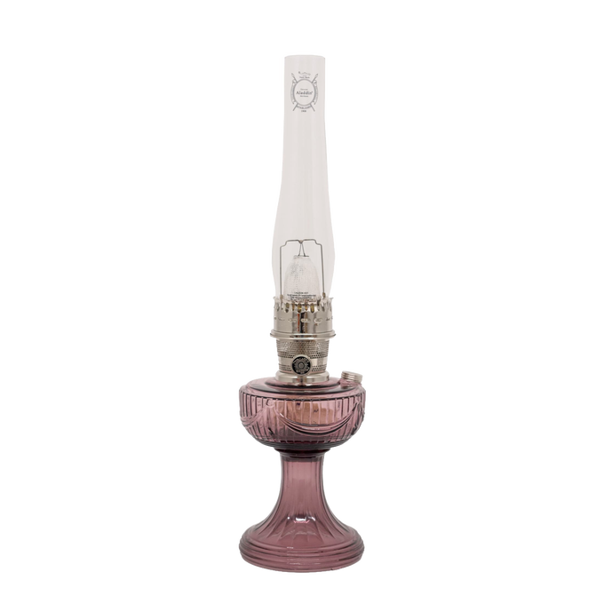 Handcrafted oil lamp with a clear ribbed chimney and rich amethyst glass base, featuring a polished brass burner, ideal for Farm, Garden & Tool, Emergency Supplies, Oil Lamps, and Table Lamps collections.