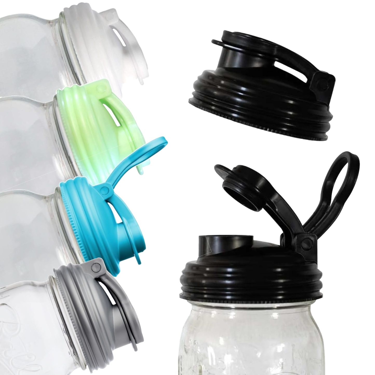 Set of colorful pour lids with carry loops designed for regular-mouth mason jars, crafted from durable plastic, ideal for Kitchen & Food, Kitchen Gadgets, and USA Made collections.