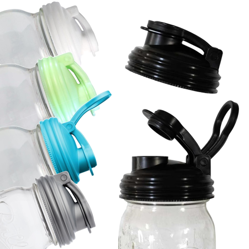 Set of colorful pour lids with carry loops designed for regular-mouth mason jars, crafted from durable plastic, ideal for Kitchen & Food, Kitchen Gadgets, and USA Made collections.