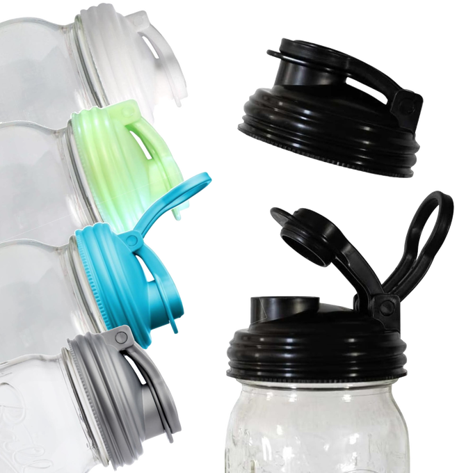 Set of colorful pour lids with carry loops designed for regular-mouth mason jars, crafted from durable plastic, ideal for Kitchen & Food, Kitchen Gadgets, and USA Made collections.