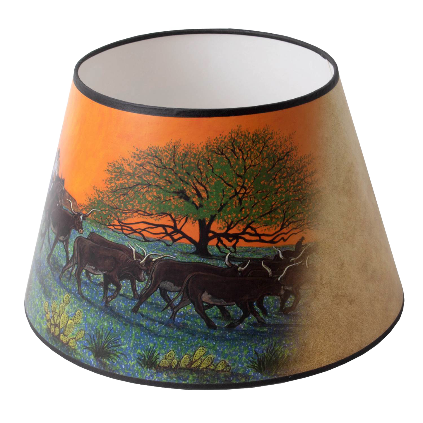 Conical parchment lamp shade with Southwestern artwork of cattle and desert flora at sunset, designed to soften light in Lamps & Lighting and Lamp Shades collections.
