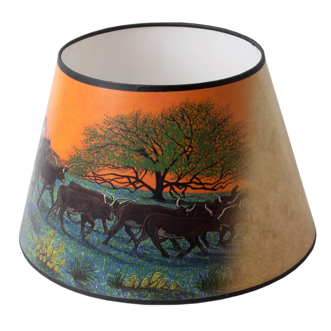 Conical parchment lamp shade with Southwestern artwork of cattle and desert flora at sunset, designed to soften light in Lamps & Lighting and Lamp Shades collections.