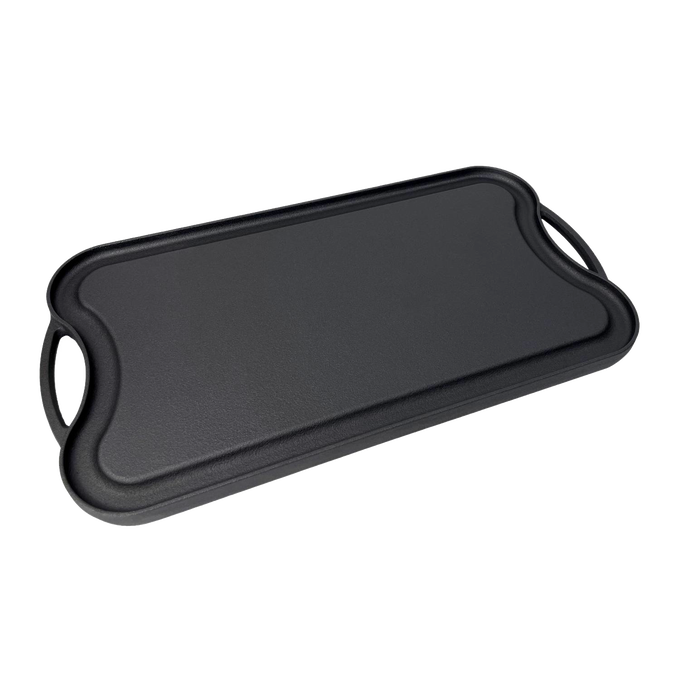 Handcrafted nitrogen hardened cast iron griddle with a smooth flat cooking surface and ergonomic handles, designed for lasting durability in Kitchen & Food, Cast Iron, and Grilling collections.