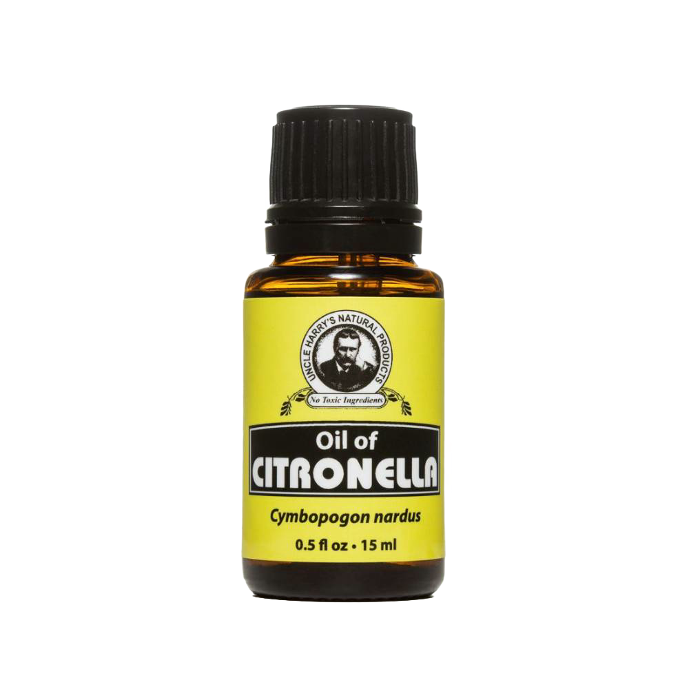 Amber glass bottle of citronella essential oil with black cap and bright yellow label, handcrafted and made in USA, ideal for Health & Wellness, Soapmaking, Candlemaking, and Health Remedies collections.
