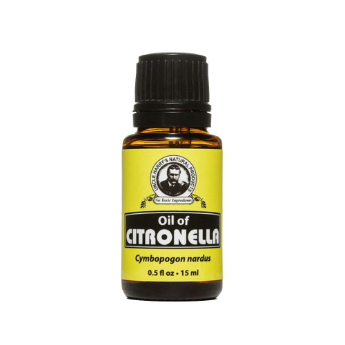 Amber glass bottle of citronella essential oil with black cap and bright yellow label, handcrafted and made in USA, ideal for Health & Wellness, Soapmaking, Candlemaking, and Health Remedies collections.