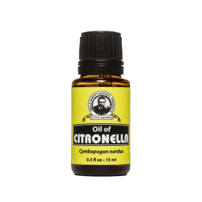 Amber glass bottle of citronella essential oil with black cap and bright yellow label, handcrafted and made in USA, ideal for Health & Wellness, Soapmaking, Candlemaking, and Health Remedies collections.