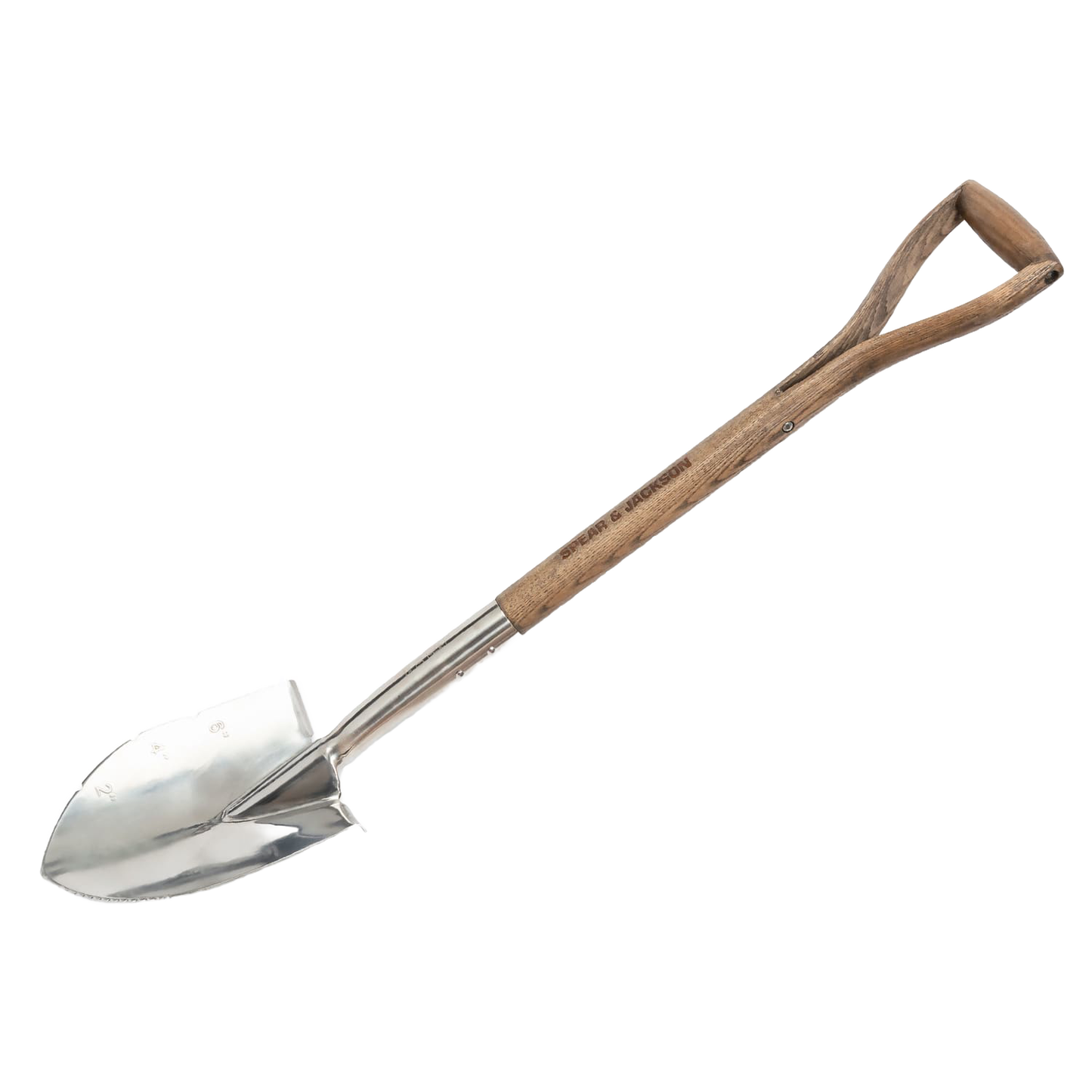 Compact planting spade with pointed stainless steel blade featuring depth markings and a serrated edge, wooden handle with double-riveted socket, part of Farm, Garden & Tool and Best Sellers collections.