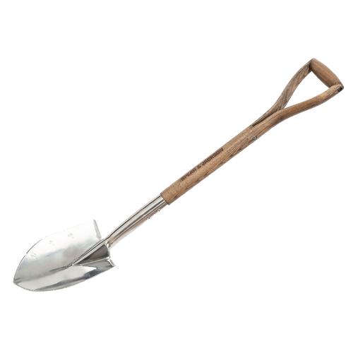 Compact planting spade with pointed stainless steel blade featuring depth markings and a serrated edge, wooden handle with double-riveted socket, part of Farm, Garden & Tool and Best Sellers collections.