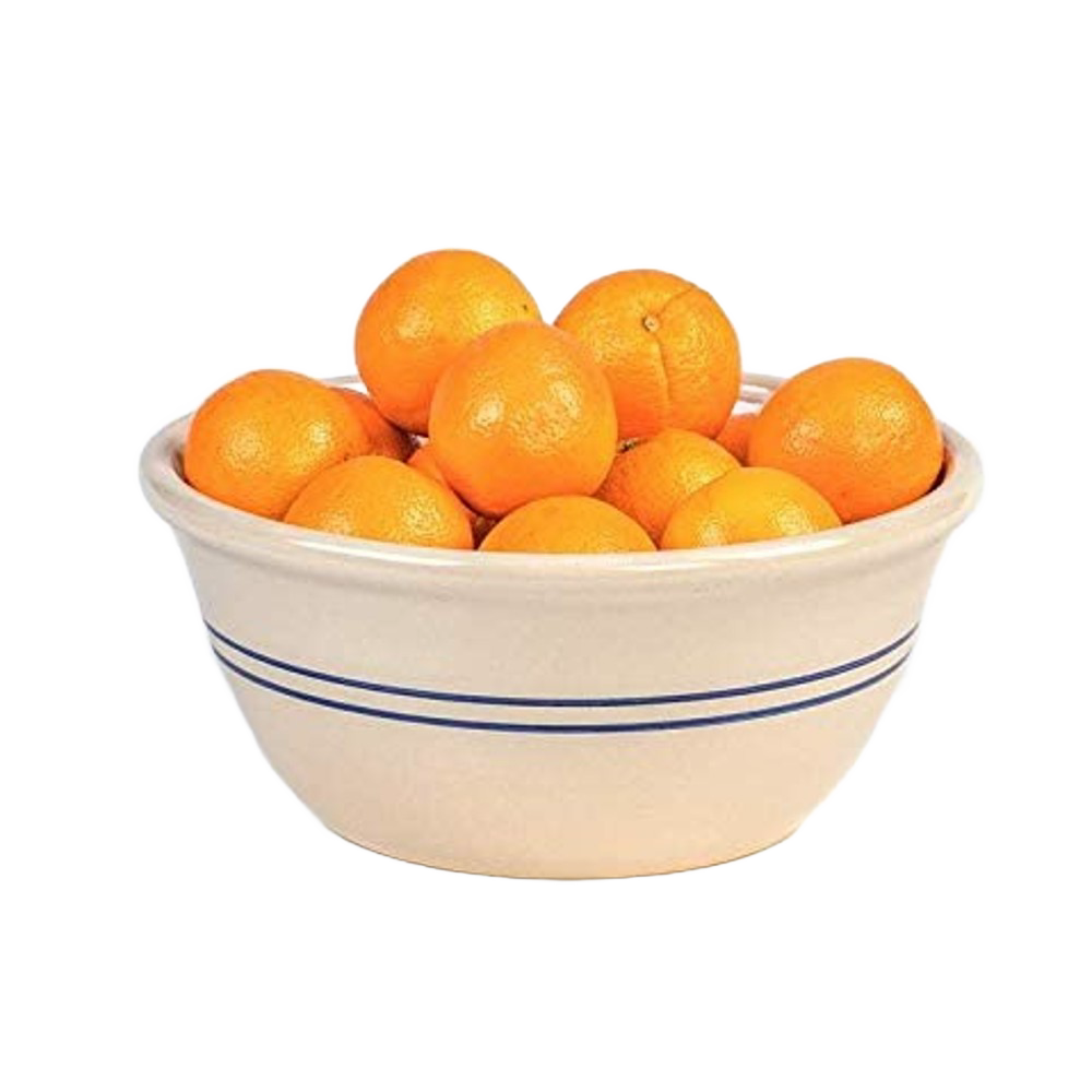 Handcrafted stoneware mixing bowl with classic blue stripes, filled with fresh oranges, ideal for Kitchen & Food, Cookware, Baking Supplies, Storage and Serving, and USA Made collections.