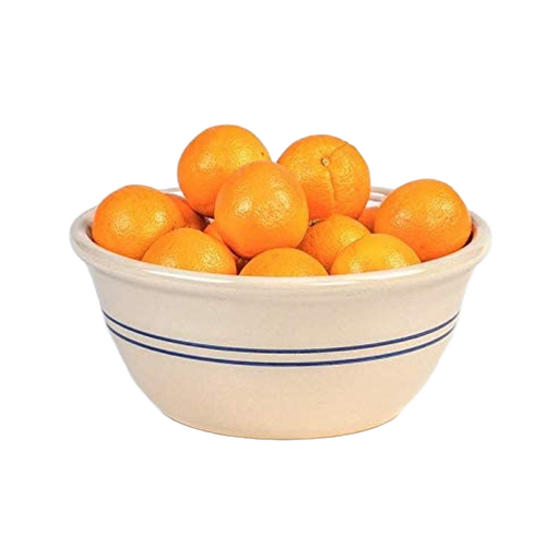 Handcrafted stoneware mixing bowl with classic blue stripes, filled with fresh oranges, ideal for Kitchen & Food, Cookware, Baking Supplies, Storage and Serving, and USA Made collections.