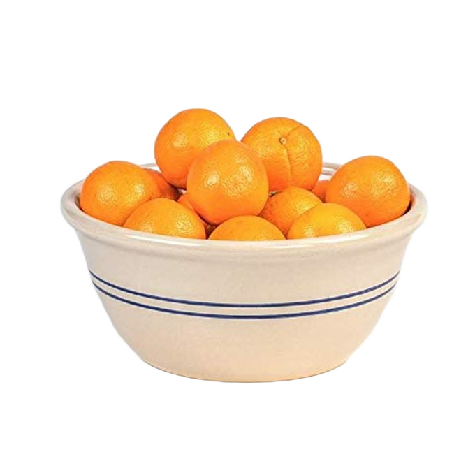 Handcrafted stoneware mixing bowl with classic blue stripes, filled with fresh oranges, ideal for Kitchen & Food, Cookware, Baking Supplies, Storage and Serving, and USA Made collections.