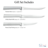 Three-piece set of handcrafted stainless steel knives including serrated tomato slicer, utility steak knife, and heavy-duty paring knife, made in USA, ideal for kitchen and food prep collections.