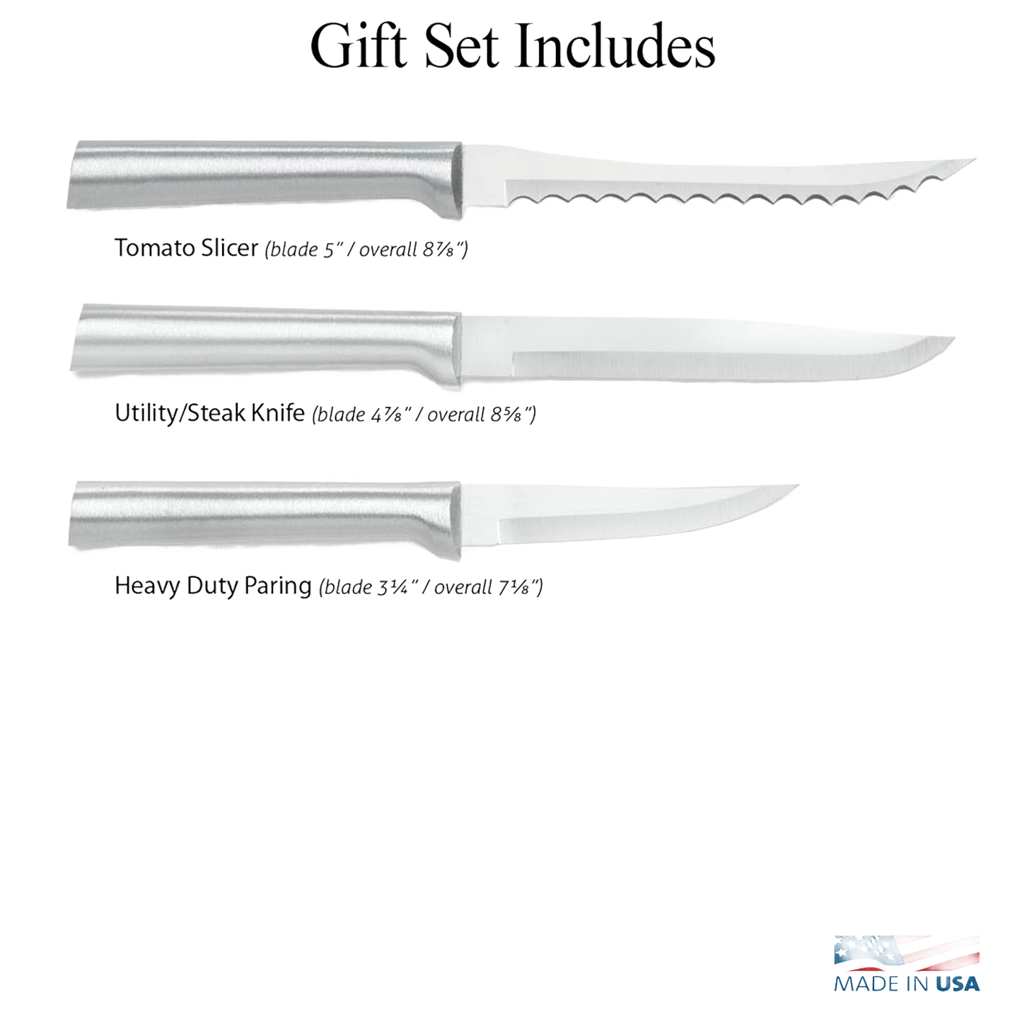 Three-piece set of handcrafted stainless steel knives including serrated tomato slicer, utility steak knife, and heavy-duty paring knife, made in USA, ideal for kitchen and food prep collections.