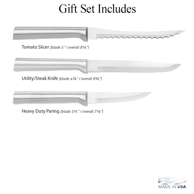 Three-piece set of handcrafted stainless steel knives including serrated tomato slicer, utility steak knife, and heavy-duty paring knife, made in USA, ideal for kitchen and food prep collections.