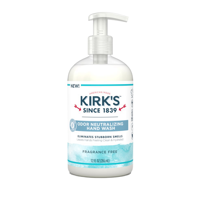 Clear plastic pump bottle of Kirk’s odor neutralizing hydrating hand wash with fragrance-free formula, made in USA, featured in Health & Wellness and Grooming collections.