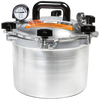 Heavy-duty aluminum pressure canner with secure black locking knobs, built-in pressure gauge, and sturdy handle, designed for safe food preservation in kitchen and canning collections.