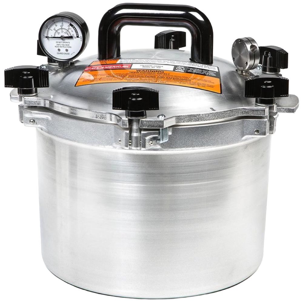 Heavy-duty aluminum pressure canner with secure black locking knobs, built-in pressure gauge, and sturdy handle, designed for safe food preservation in kitchen and canning collections.