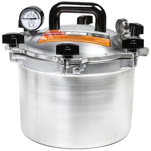 Heavy-duty aluminum pressure canner with secure black locking knobs, built-in pressure gauge, and sturdy handle, designed for safe food preservation in kitchen and canning collections.