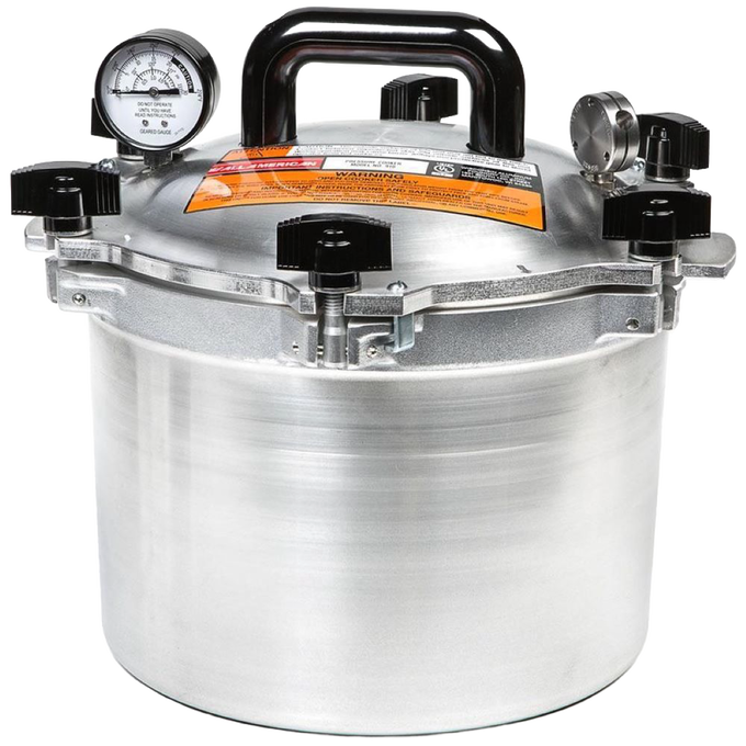 Heavy-duty aluminum pressure canner with secure black locking knobs, built-in pressure gauge, and sturdy handle, designed for safe food preservation in kitchen and canning collections.