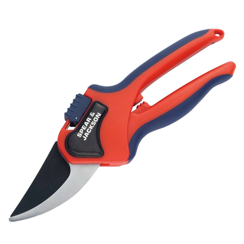 Large bypass pruning shears with ergonomic red and blue handles and sharp carbon steel blades, designed for smooth cuts on green stems in Farm, Garden & Tool and Lawncare collections.
