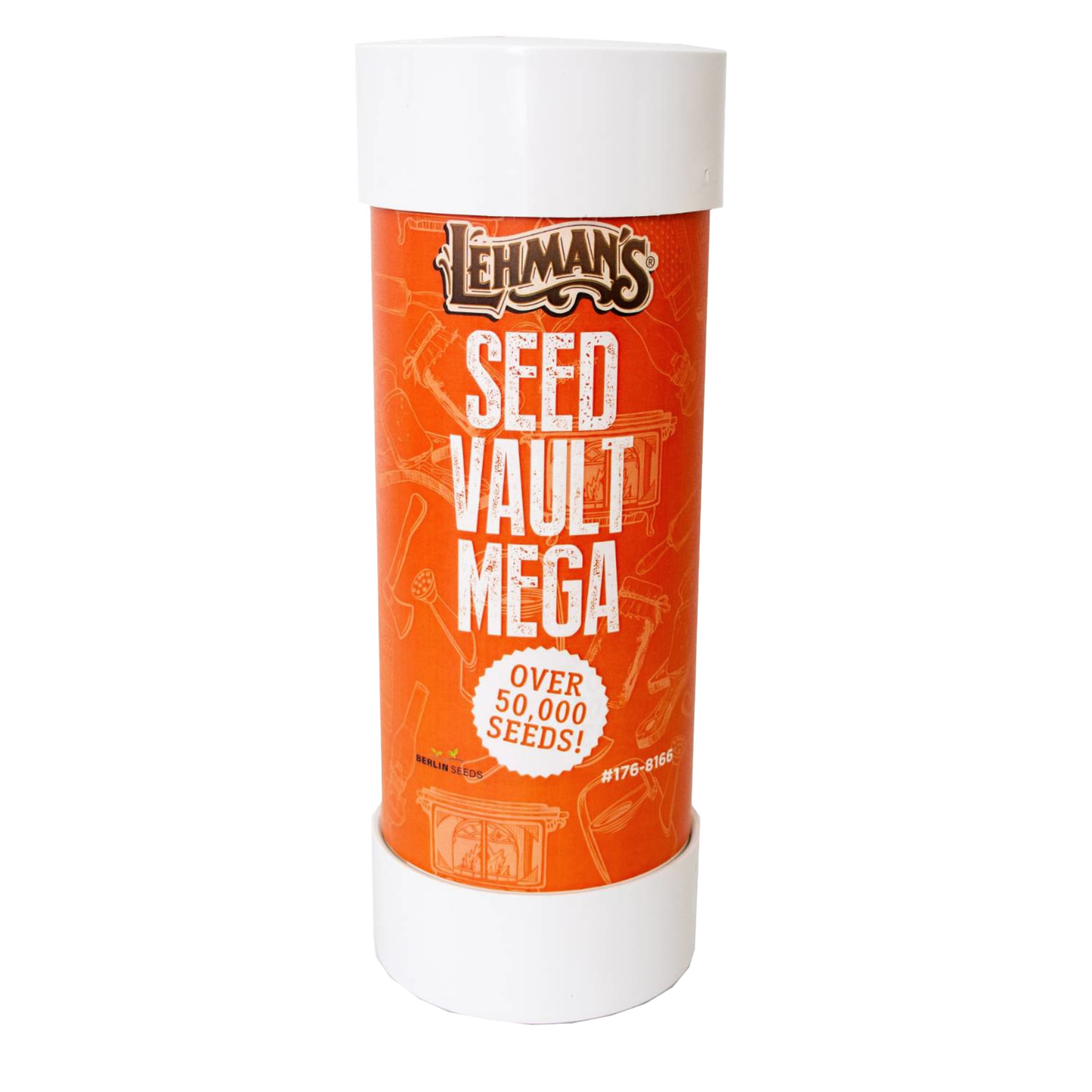 Tall cylindrical container with orange label featuring Lehman's Seed Vault Mega branding and claim of over 50,000 seeds, a unique USA made product in Farm, Garden & Tool and Seeds and Planting collections.