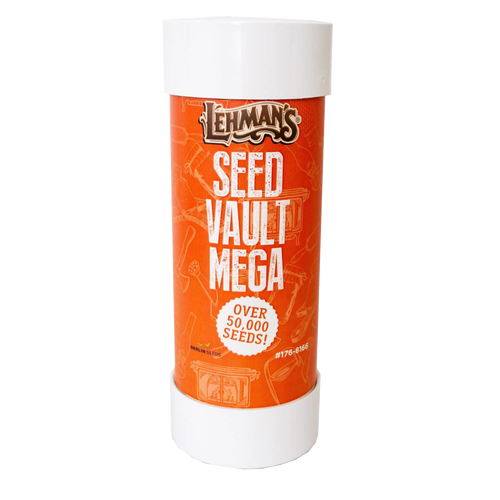 Tall cylindrical container with orange label featuring Lehman's Seed Vault Mega branding and claim of over 50,000 seeds, a unique USA made product in Farm, Garden & Tool and Seeds and Planting collections.