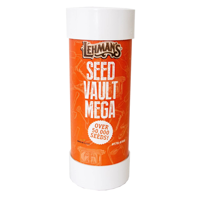 Tall cylindrical container with orange label featuring Lehman's Seed Vault Mega branding and claim of over 50,000 seeds, a unique USA made product in Farm, Garden & Tool and Seeds and Planting collections.
