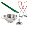 Exclusive 4-piece kit featuring stainless steel funnel with detachable spout, green bubble popper, red-handled jar lifters, and wooden tool for Kitchen & Food, Food Preservation, and Canning collections.