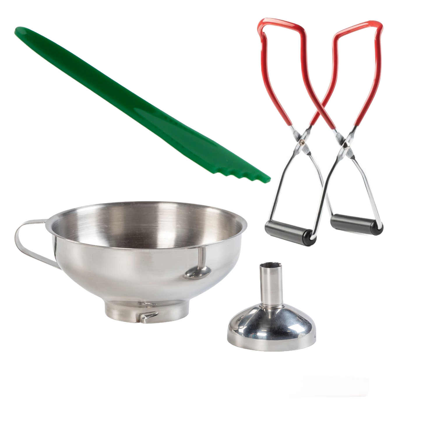 Exclusive 4-piece kit featuring stainless steel funnel with detachable spout, green bubble popper, red-handled jar lifters, and wooden tool for Kitchen & Food, Food Preservation, and Canning collections.