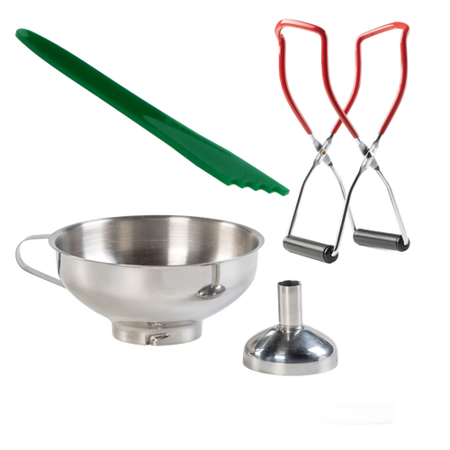 Exclusive 4-piece kit featuring stainless steel funnel with detachable spout, green bubble popper, red-handled jar lifters, and wooden tool for Kitchen & Food, Food Preservation, and Canning collections.