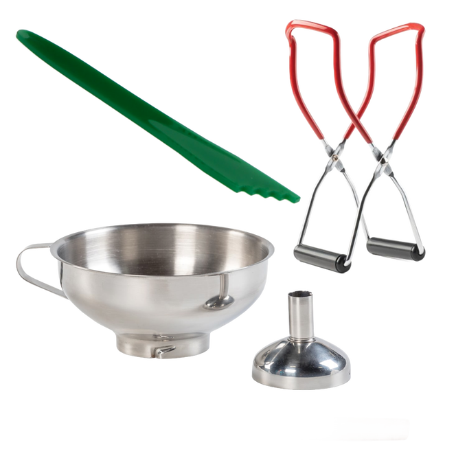 Exclusive 4-piece kit featuring stainless steel funnel with detachable spout, green bubble popper, red-handled jar lifters, and wooden tool for Kitchen & Food, Food Preservation, and Canning collections.