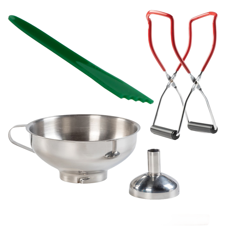 Exclusive 4-piece kit featuring stainless steel funnel with detachable spout, green bubble popper, red-handled jar lifters, and wooden tool for Kitchen & Food, Food Preservation, and Canning collections.