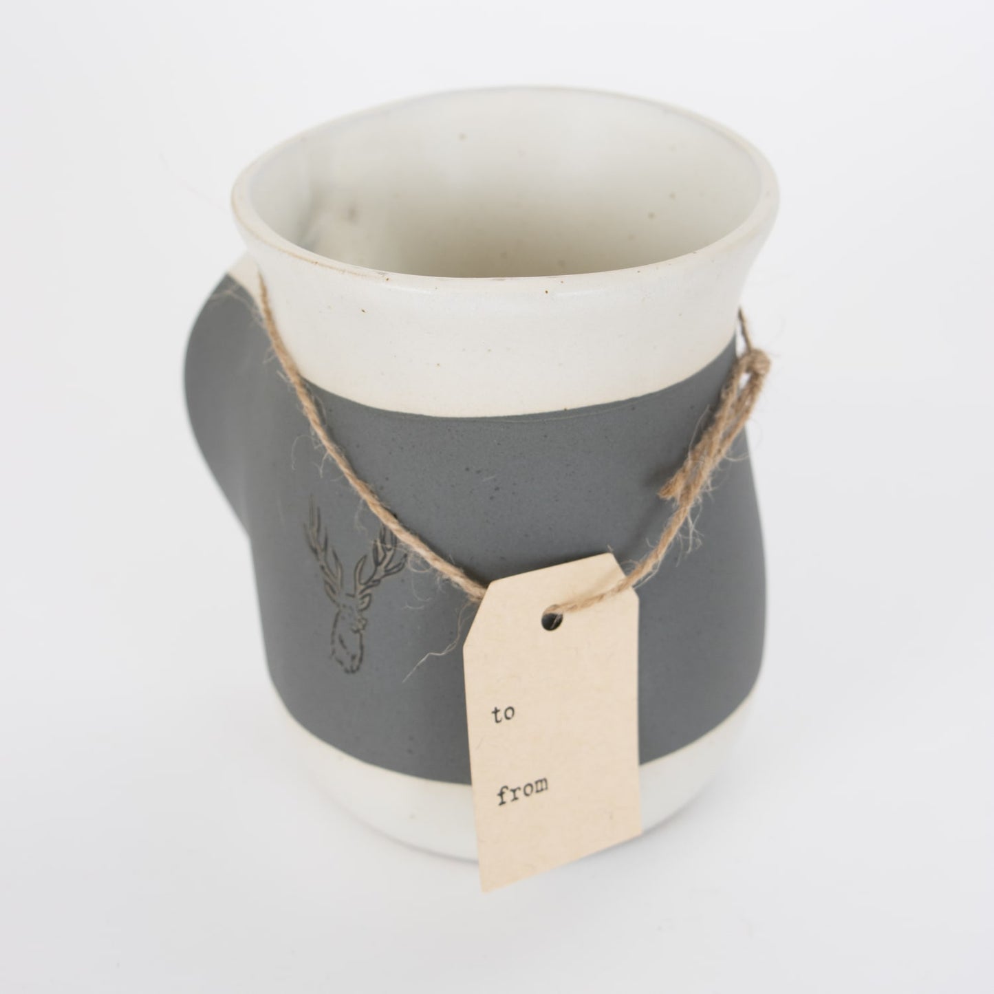 Handcrafted 16 oz gray and white mug with an embossed stag design and a rustic gift tag, perfect for Kitchen & Food, Dinnerware, Best Sellers, and Promo Eligible collections.