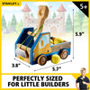 Wooden truck catapult toy in blue and natural wood tones with four wheels, yellow foam balls, and elastic bands, designed for hands-on building fun in children's indoor play and arts and crafts collections.