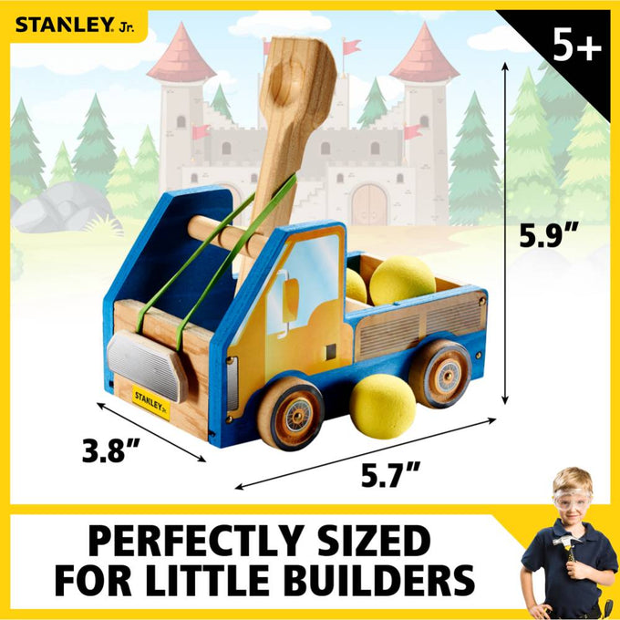Wooden truck catapult toy in blue and natural wood tones with four wheels, yellow foam balls, and elastic bands, designed for hands-on building fun in children's indoor play and arts and crafts collections.